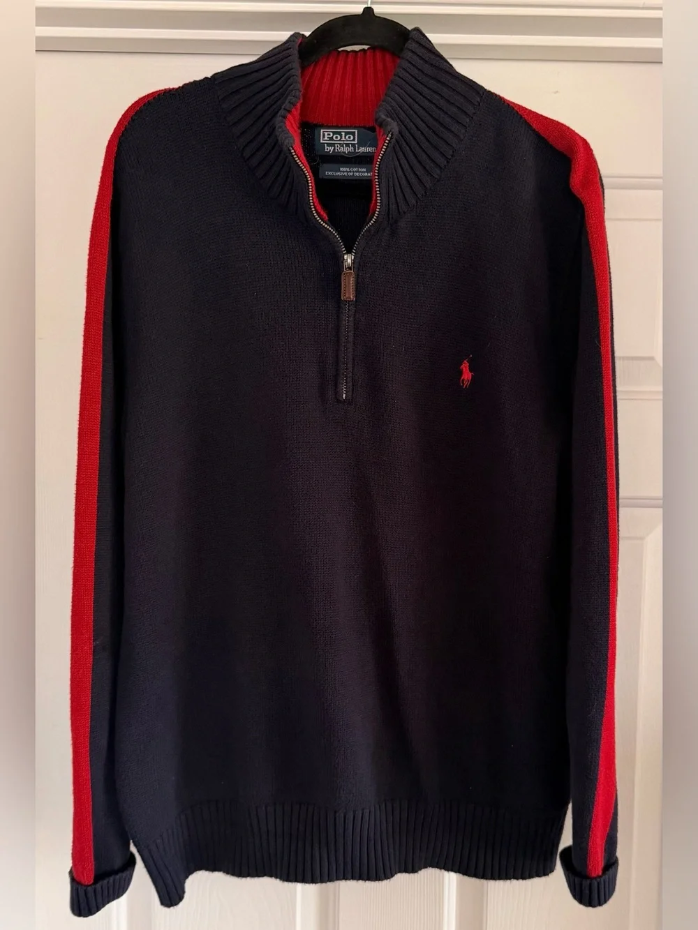 Polo by Ralph Lauren Vintage Men’s Navy Quarter-Zip Sweater with Red Trim Sz L